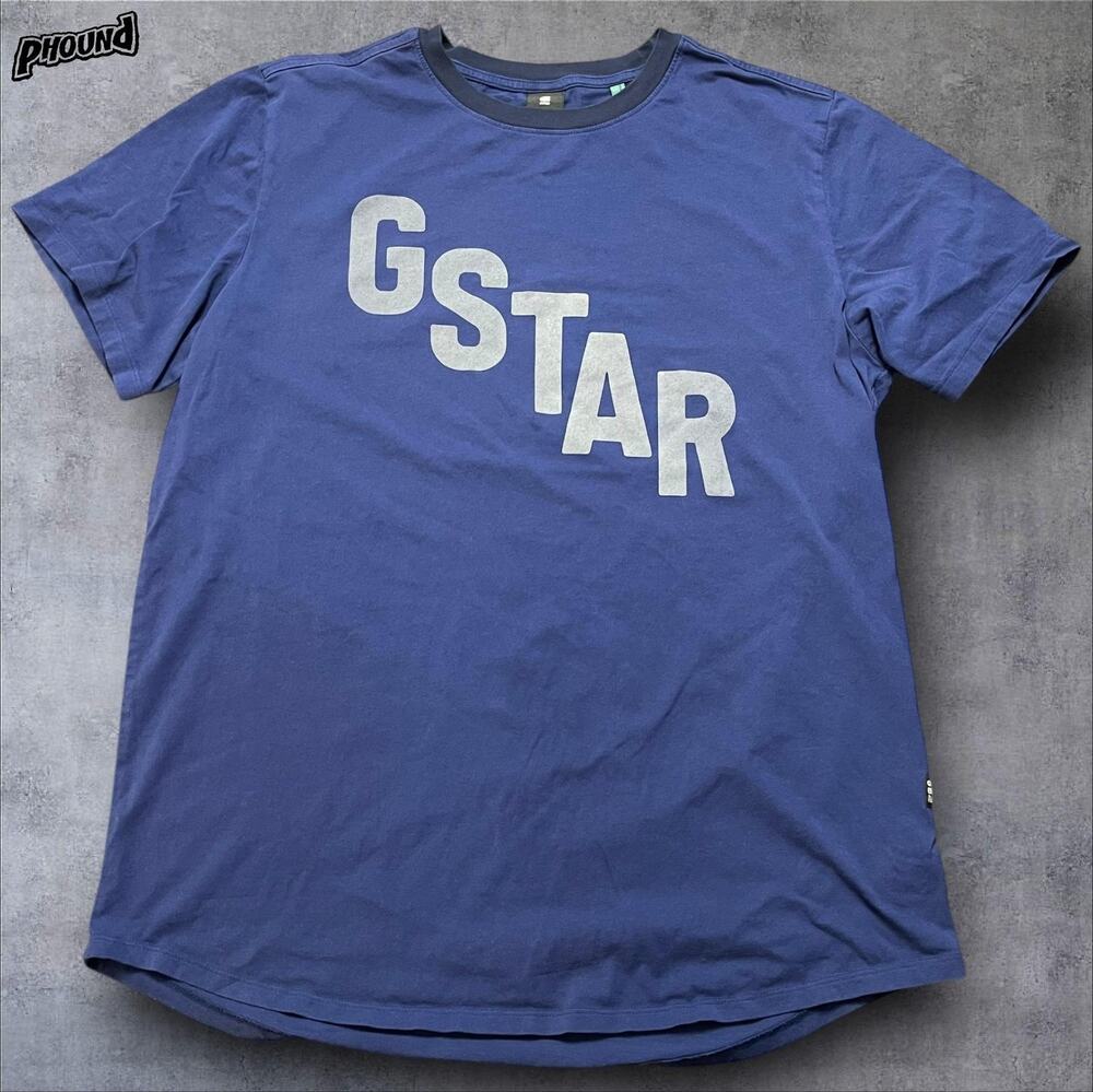 G-Star RAW GSTAR Logo Shirt Mens XL Blue Graphic Front Crewneck Tee T-Shirt